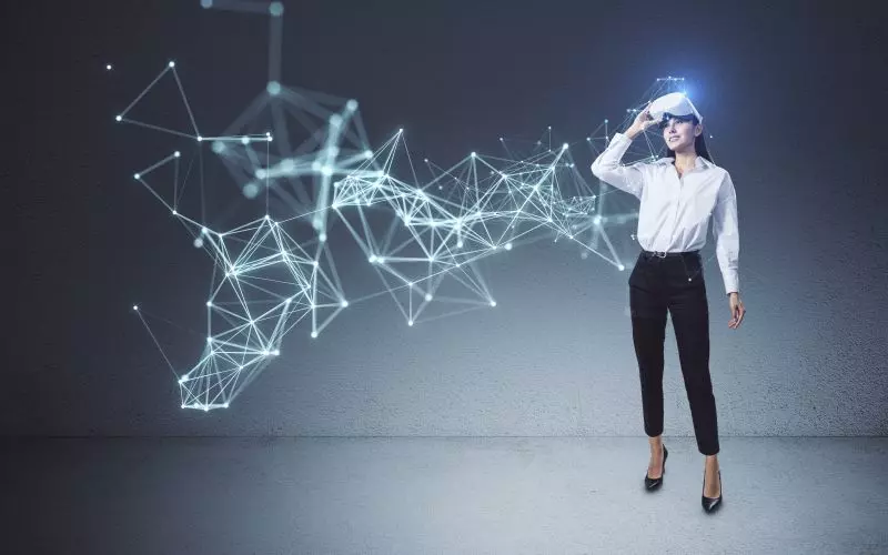 A figure beside a constellation of connected nodes