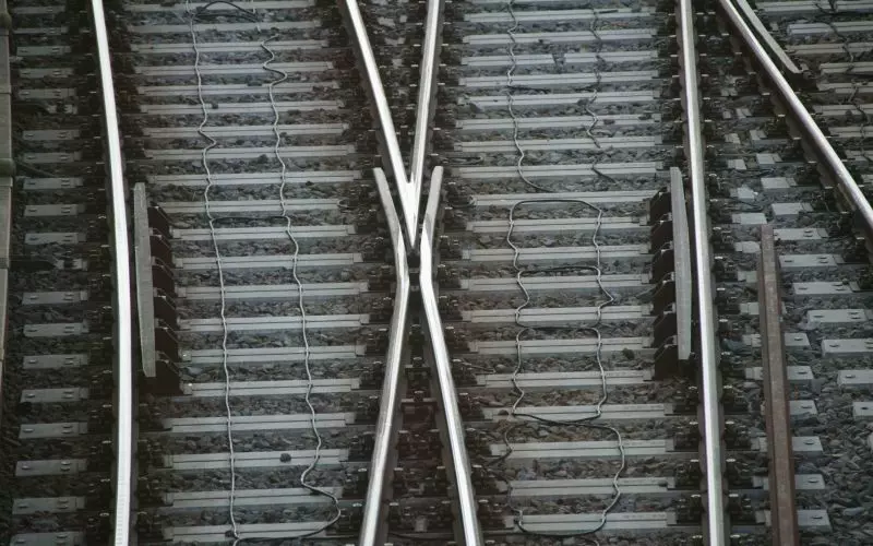 A set of railway points where two tracks divide