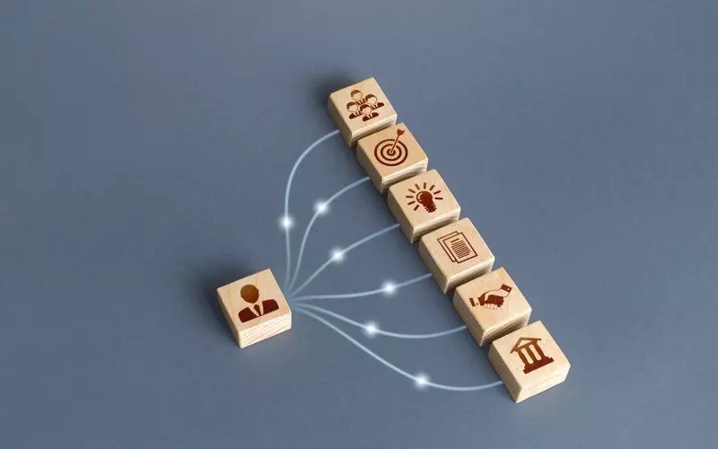 Wooden blocks with icons connected by lines