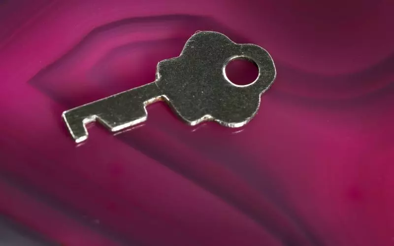 A single key resting on a polished purple stone