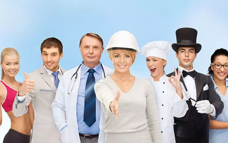 A row of people in the uniforms of different jobs