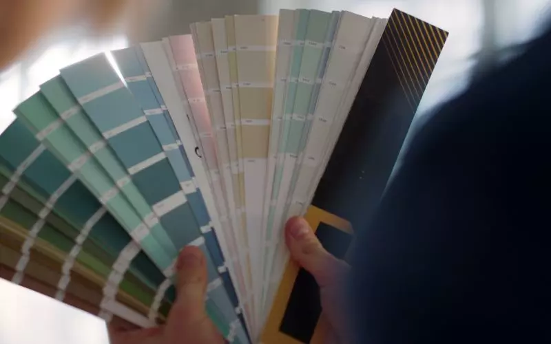 A fan of muted paint swatches