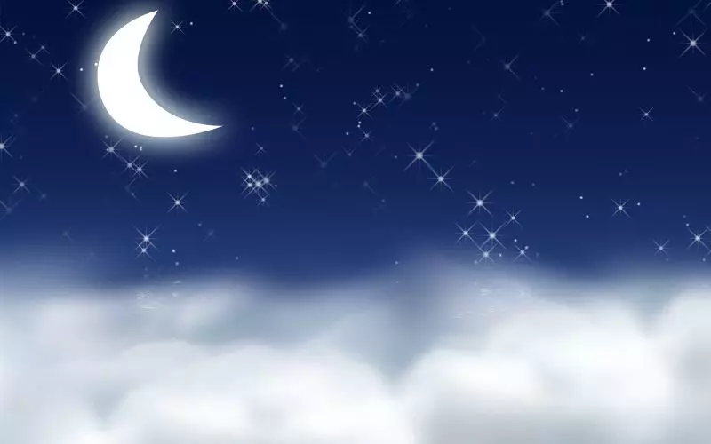 A crescent moon and stars over a layer of clouds at night
