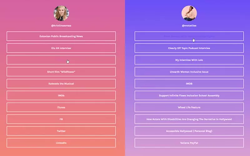 Two colored panels listing website features