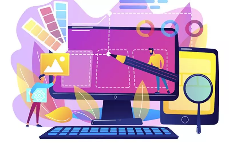An illustration of people working at a large monitor with design tools