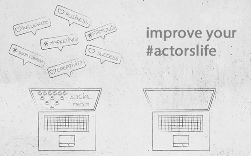 Drawn laptops and speech bubbles beside the words improve your actorslife