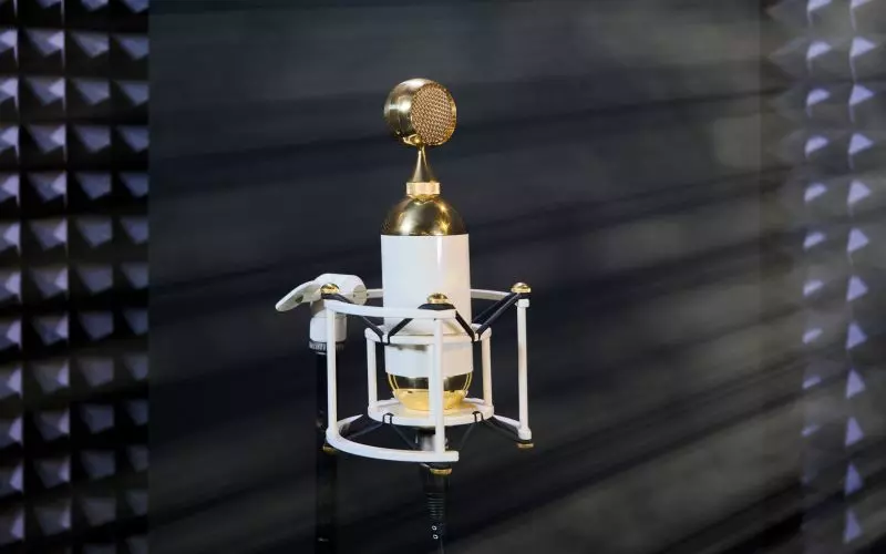 A condenser microphone in a dark recording booth
